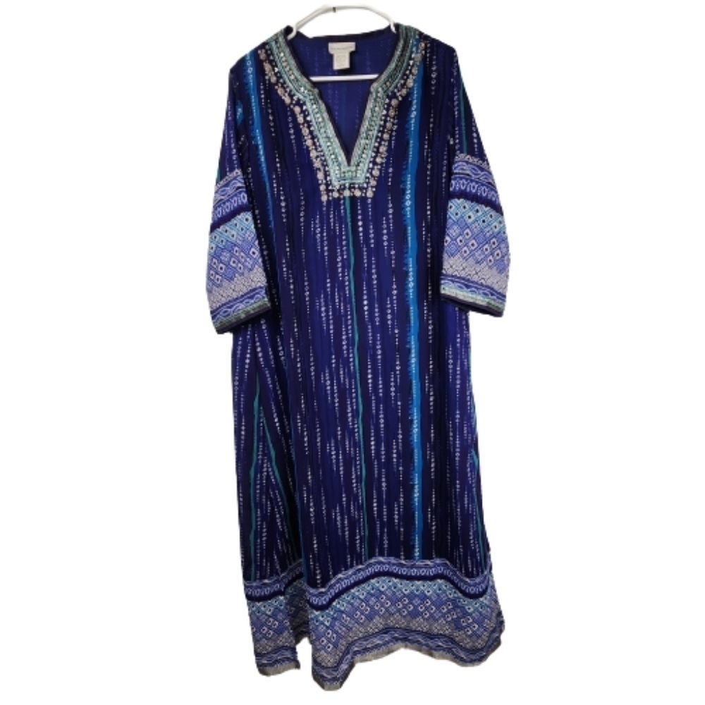 Soft Surroundings Beaded Blue Boho Beachy Maxi Dress Size Medium